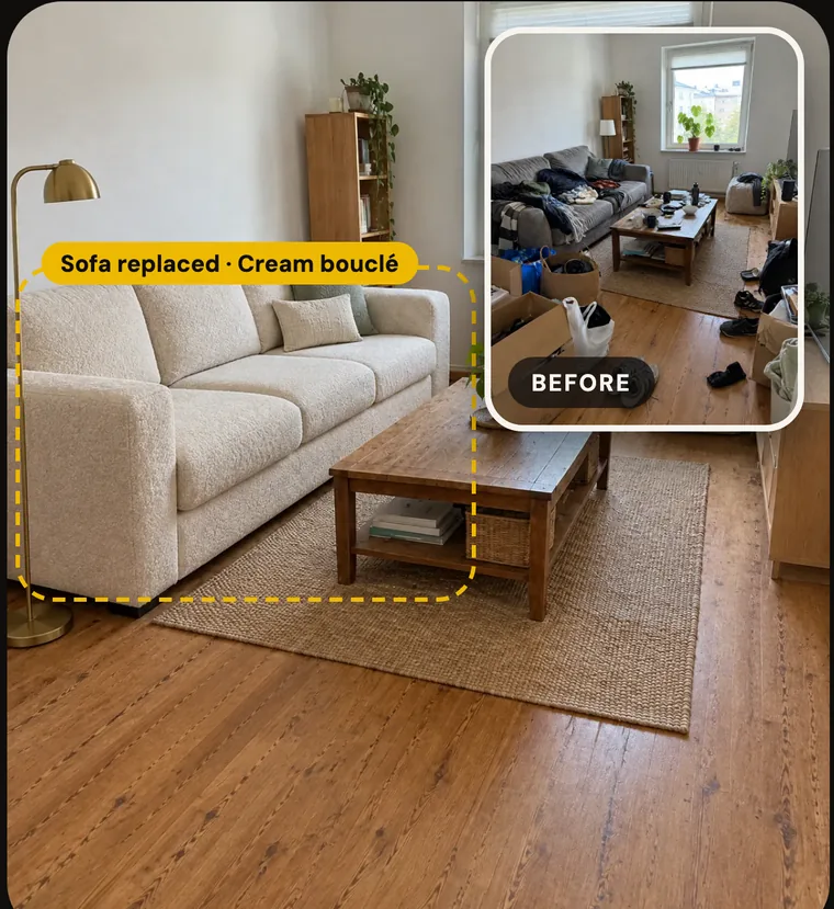 A living room after swapping the sofa, with the cluttered before photo inset