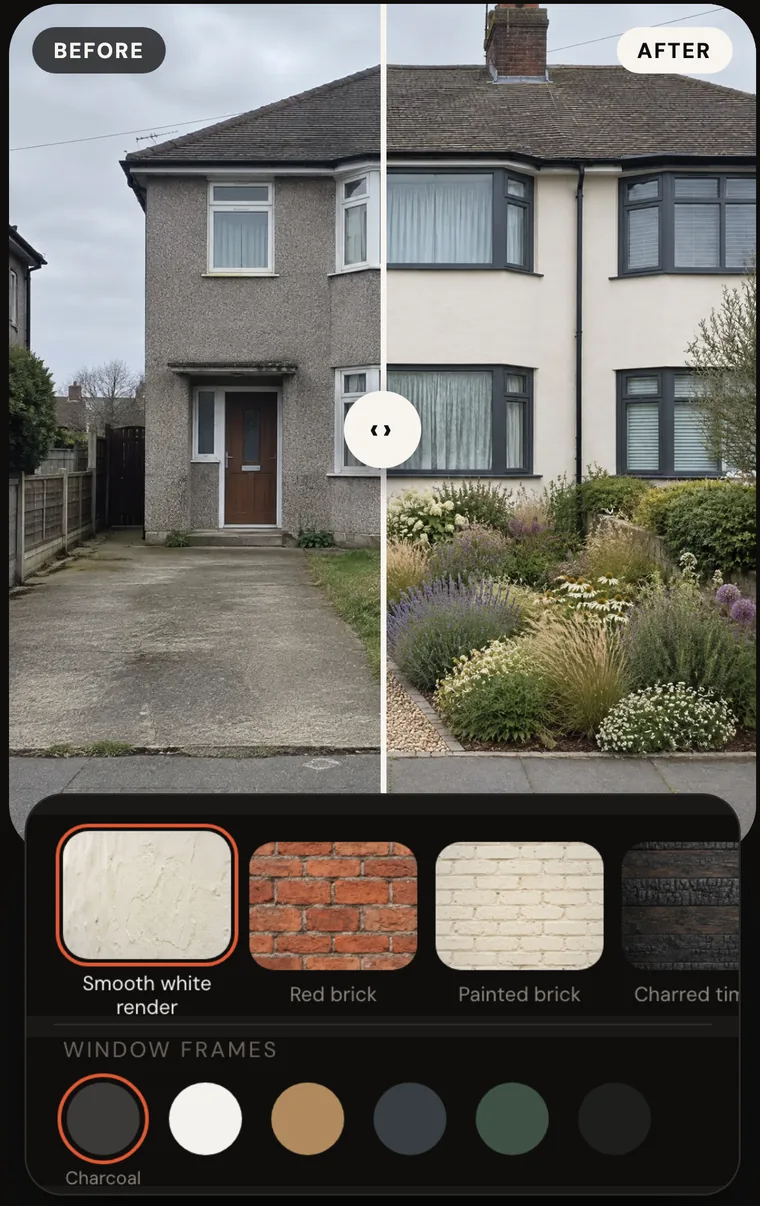 The HomeWow exterior tool showing a house before and after with render, brick and window frame choices