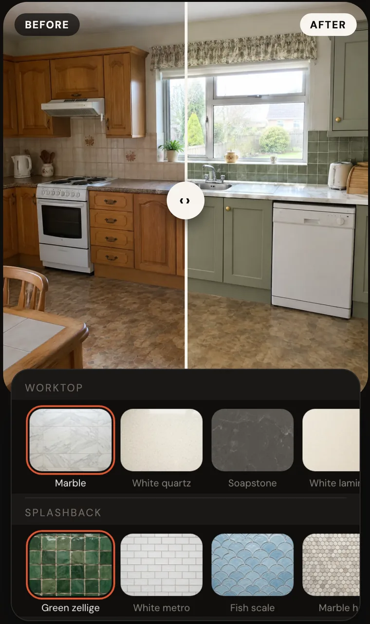 The HomeWow kitchen tool showing a before and after slider with worktop and splashback choices