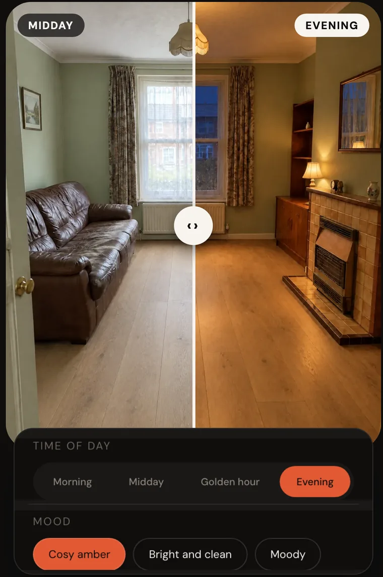 A living room shown at midday and in the evening, with time of day and mood choices underneath