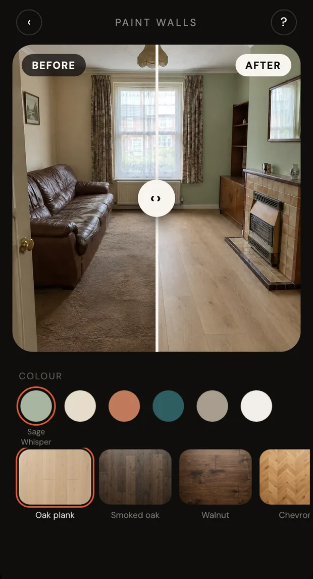 The HomeWow Paint walls tool: a living room with a before and after slider and a row of paint colours