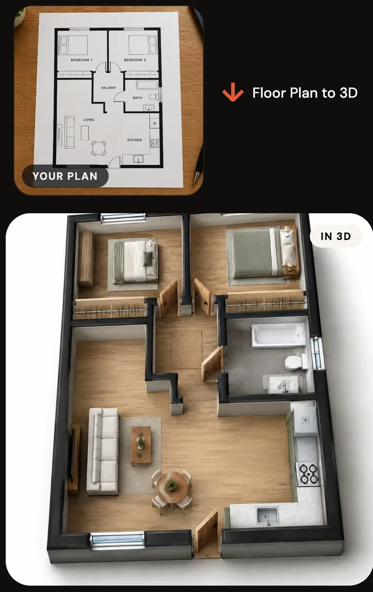 A paper floor plan and the furnished 3D render HomeWow made from it