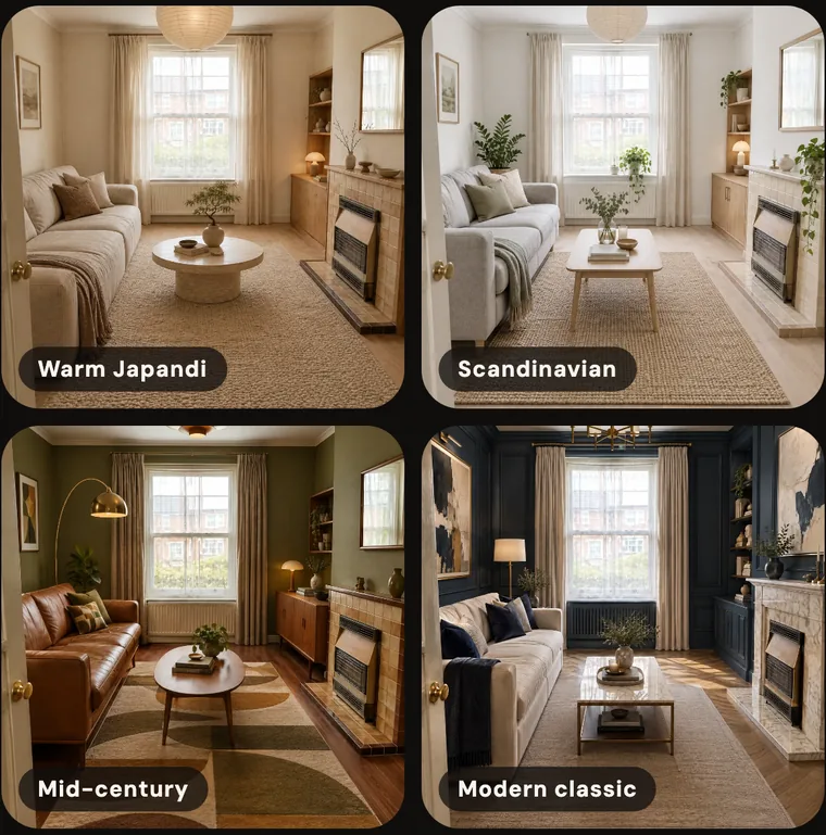 Four HomeWow designs of the same living room in the styles Warm Japandi, Scandinavian, Mid-century and Modern classic